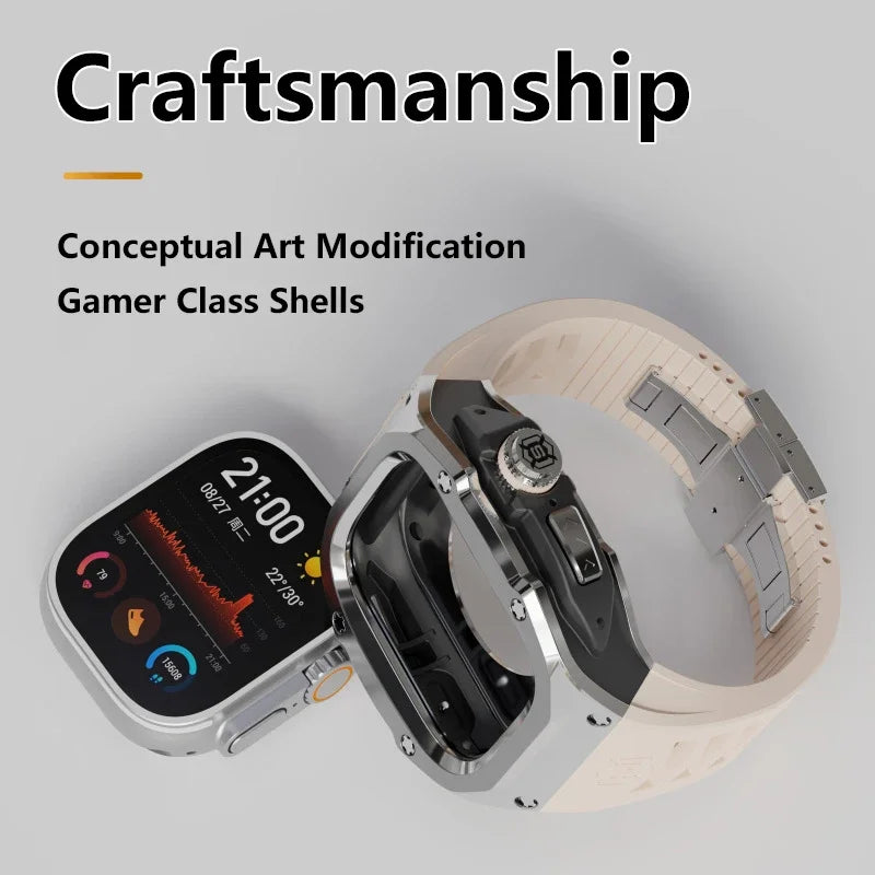 Luxury Stainless Steel Case Modification Kit for Apple Watch 8 Ultra Rubber Band IWatch Series 8 49mm Sport Bracelet Refit Mod