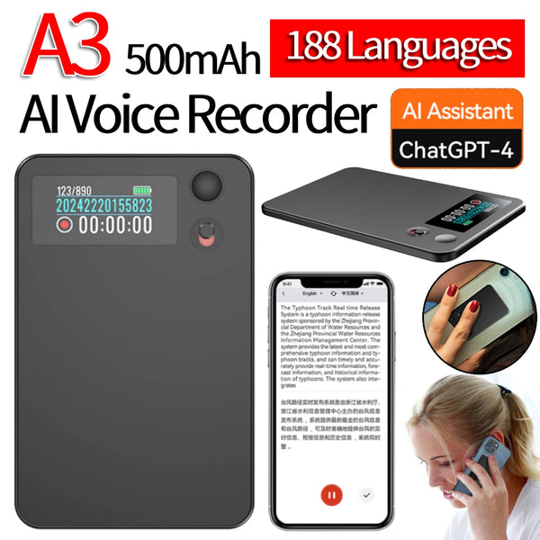 A3 ChatGPT AI Voice Recorder APP Control Transcribe Summarize Recorder LED Indicator Portable Audio Record Translation Device