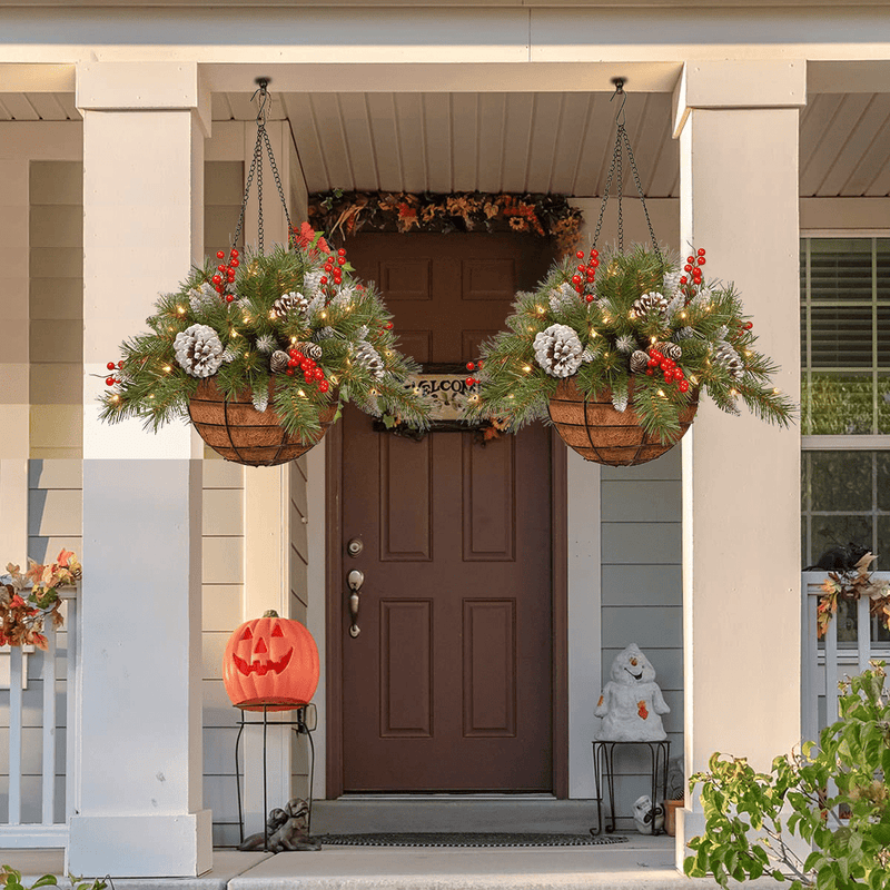 Dazzling™ Pre-lit Artificial Christmas Hanging Basket - Flocked with Mixed Decorations and White LED Lights - Frosted Berry