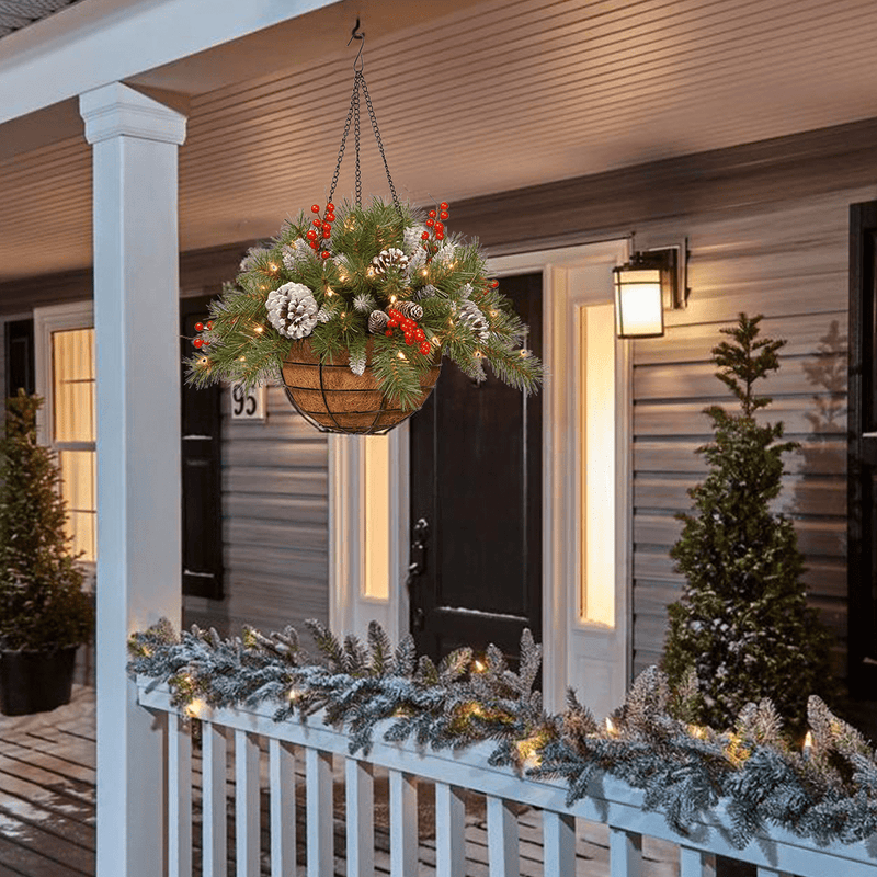 Dazzling™ Pre-lit Artificial Christmas Hanging Basket - Flocked with Mixed Decorations and White LED Lights - Frosted Berry