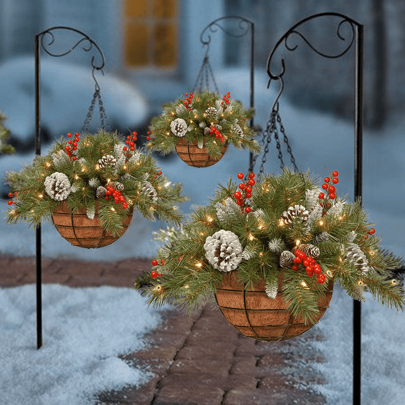 Dazzling™ Pre-lit Artificial Christmas Hanging Basket - Flocked with Mixed Decorations and White LED Lights - Frosted Berry