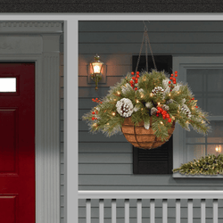 Dazzling™ Pre-lit Artificial Christmas Hanging Basket - Flocked with Mixed Decorations and White LED Lights - Frosted Berry