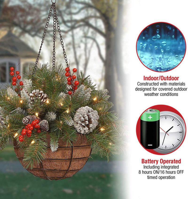 Dazzling™ Pre-lit Artificial Christmas Hanging Basket - Flocked with Mixed Decorations and White LED Lights - Frosted Berry