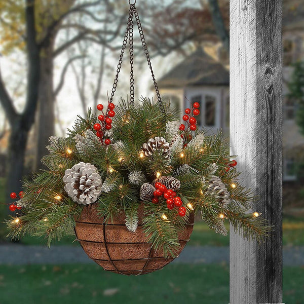 Dazzling™ Pre-lit Artificial Christmas Hanging Basket - Flocked with Mixed Decorations and White LED Lights - Frosted Berry