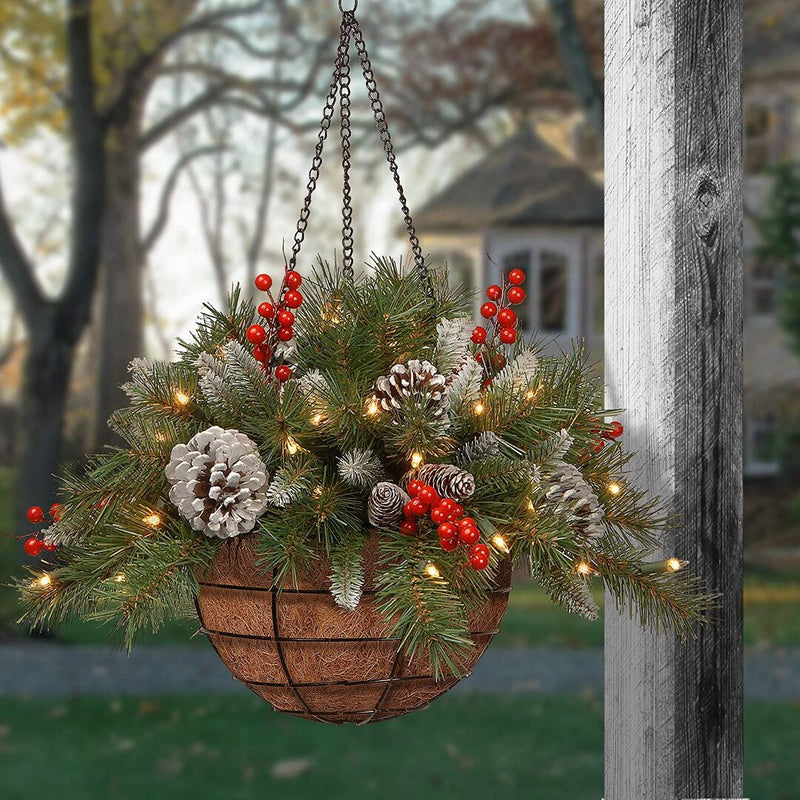 Dazzling™ Pre-lit Artificial Christmas Hanging Basket - Flocked with Mixed Decorations and White LED Lights - Frosted Berry